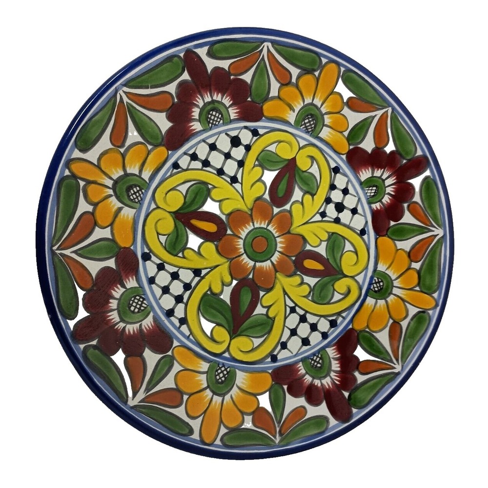 Vintage Talavera Mexican Pottery Floral Ceramic Wall Plate Hand Painted Folk Art